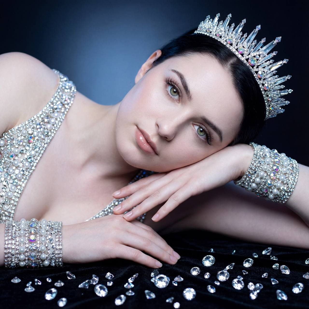 Close-up of a woman with flawless fair skin and sparkling crystal tiara, looking mesmerizing against a dark velvet background.
