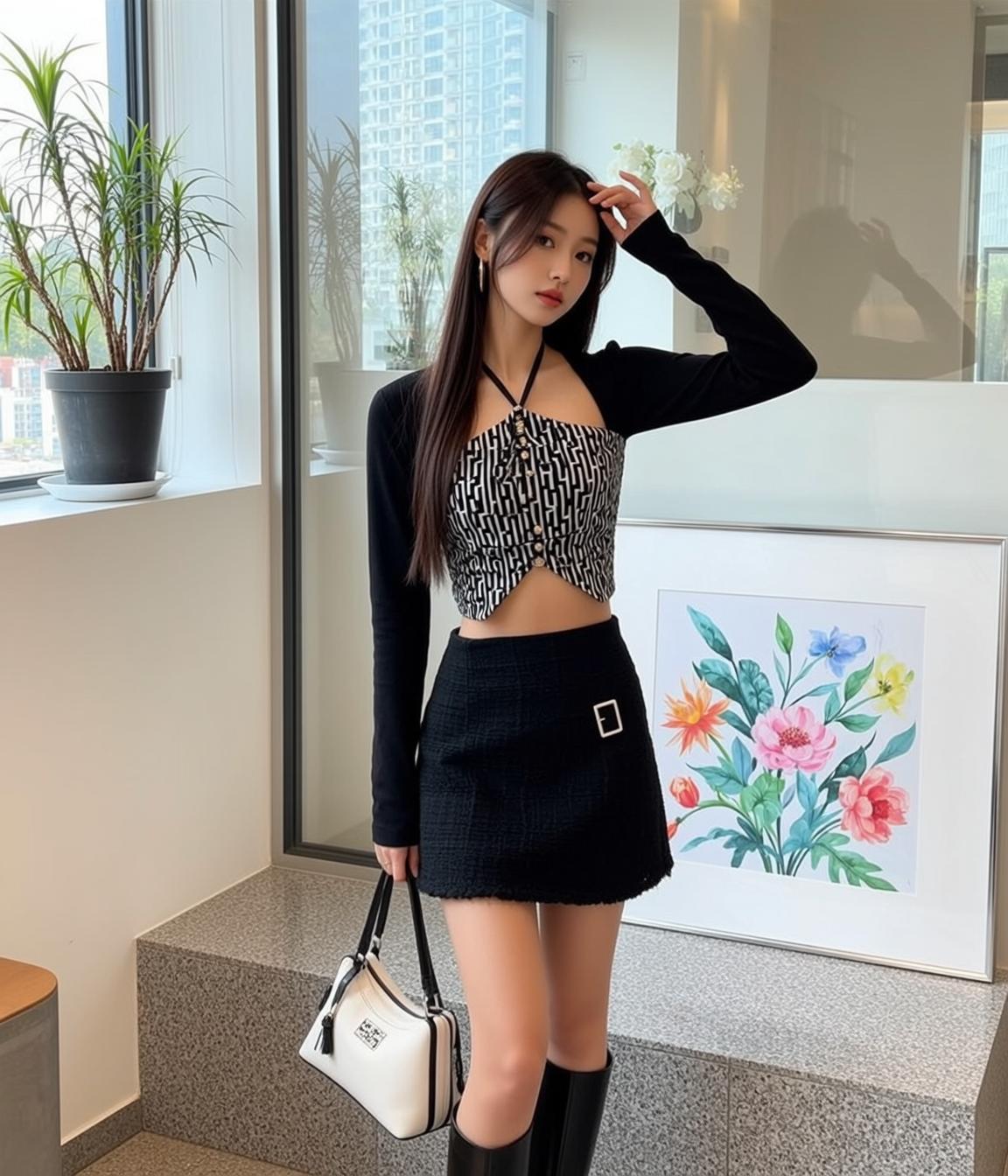 Black Tweed Skirt Window Pose