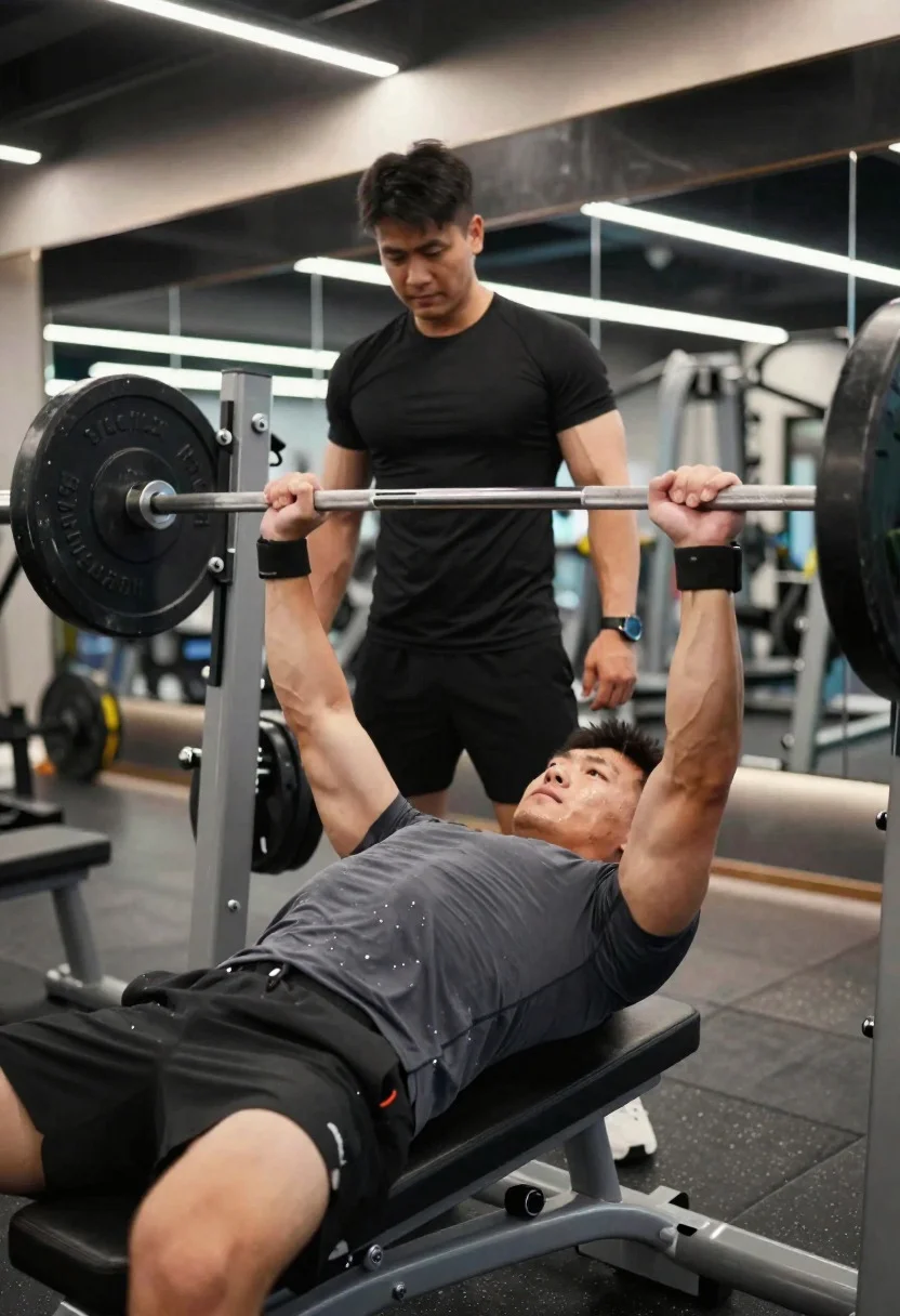 Strength Training Moment Capturing Focused Intensity During Heavy Bench Press reference photo