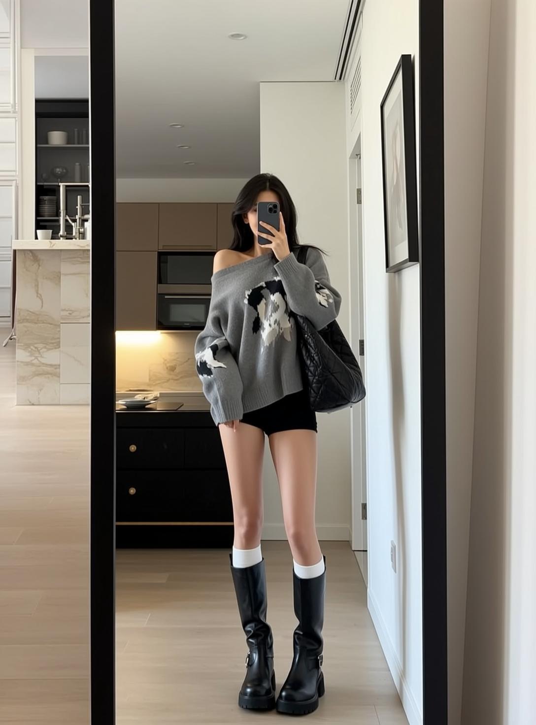 Pattern Sweater Kitchen Mirror Selfie
