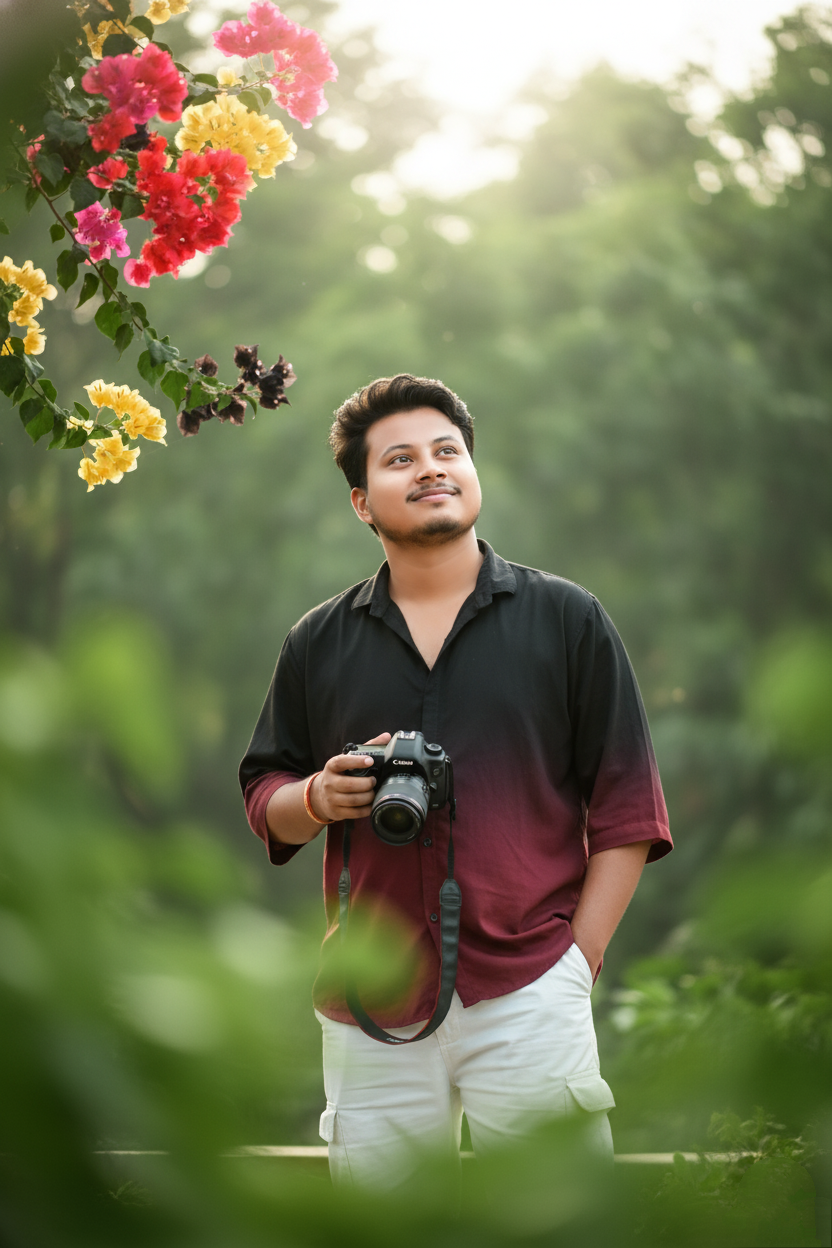 Handsome Man With Camera In Garden