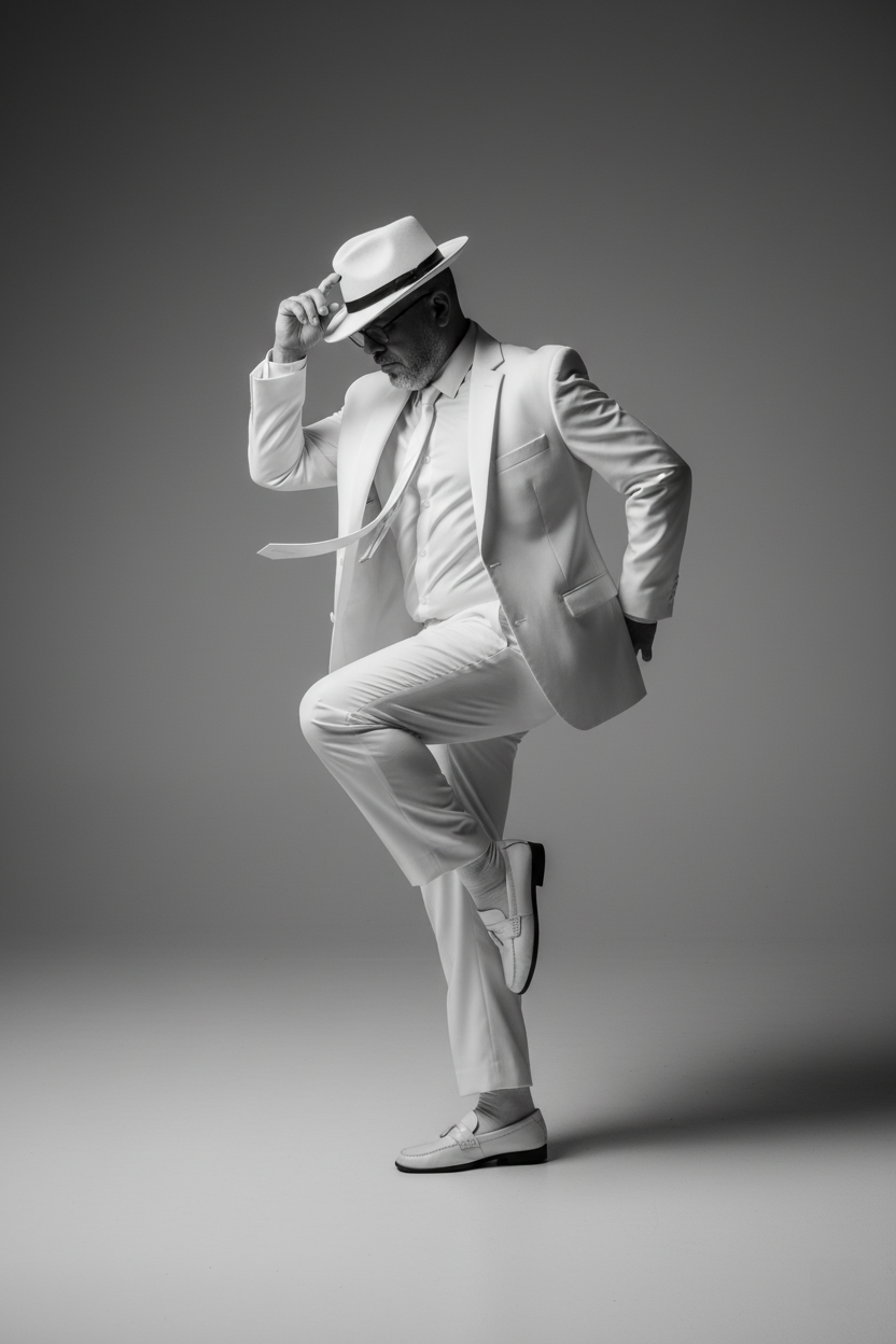 Photorealistic black-and-white portrait of a male dancer in a white suit, mid-motion with a stylish fedora and elegant pose.