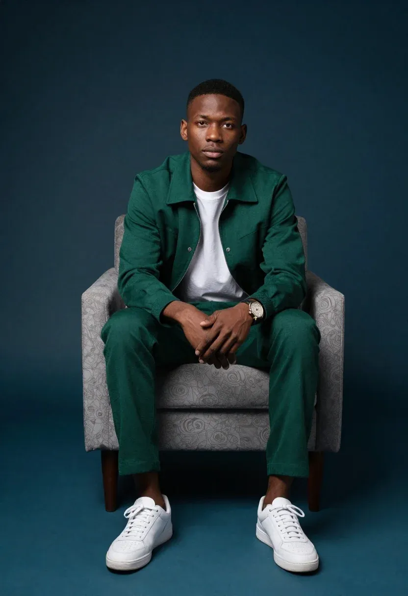 High-quality Studio Portrait Young Man Sitting Armchair Against Solid Dark