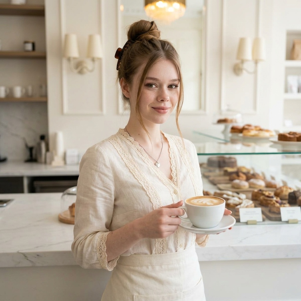 woman holding latte art behind a cafe counter in a bright ivory-toned setting.