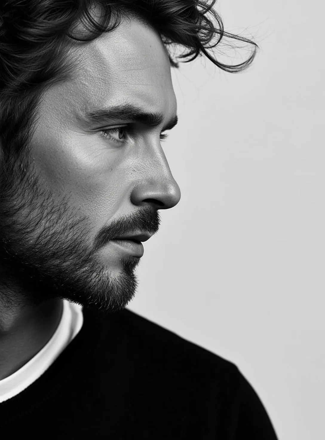Close-up Profile Portrait Man With Dark Curly Hair Styled With