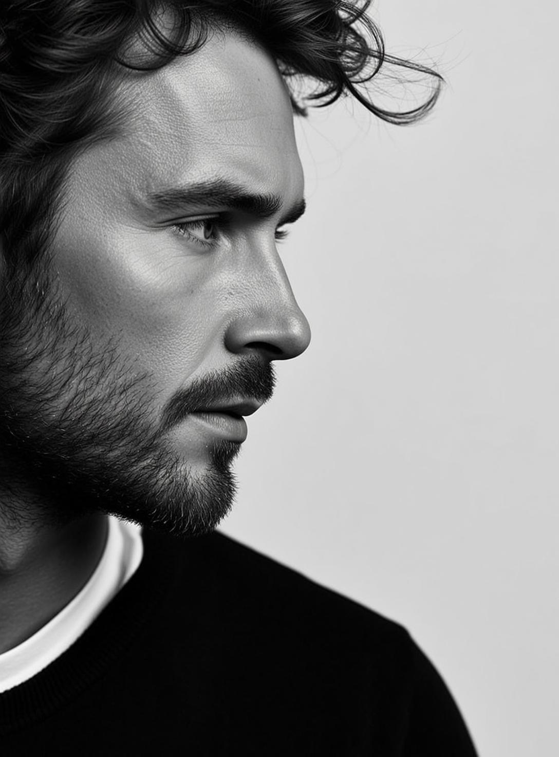 Close-up Profile Portrait Man With Dark Curly Hair Styled With