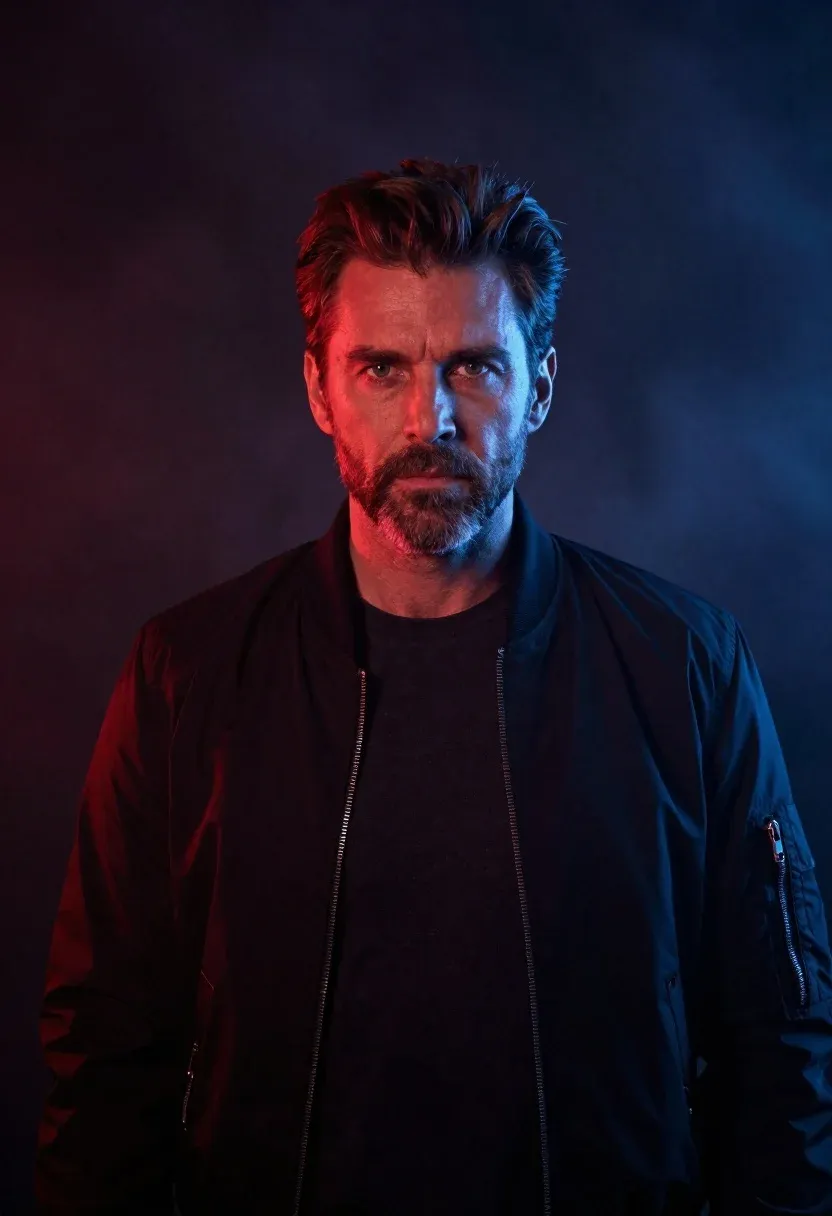 Cinematic Portrait Mature Man With Short Brown Hair And Stubble