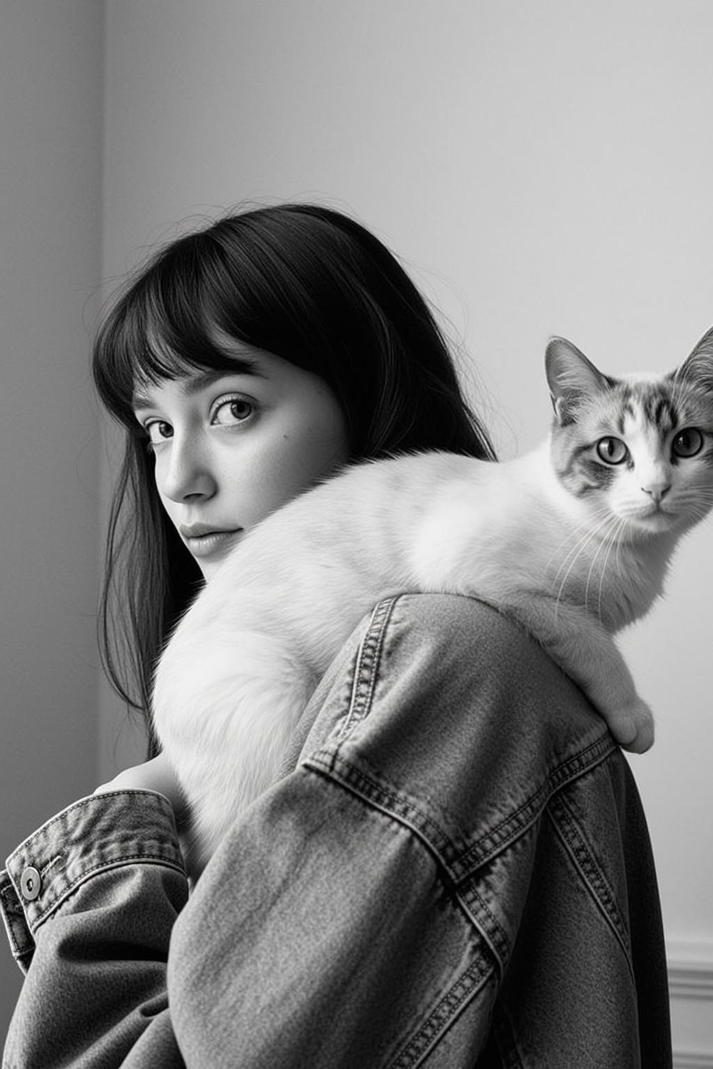 Black And White Medium Shot Portrait Young Woman With Dark