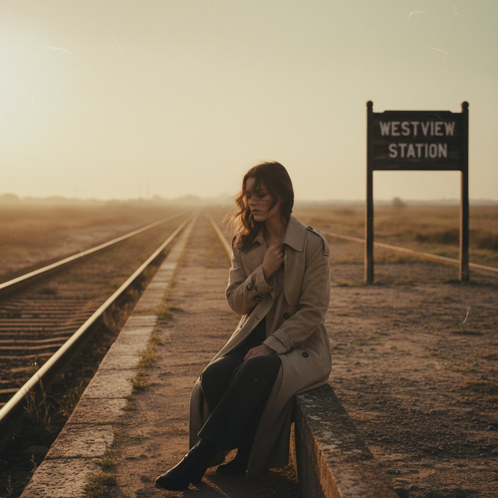 A woman on a dusty railway platform, wearing a beige trench coat, gazing nostalgically into the distance as the sunset casts warm tones.