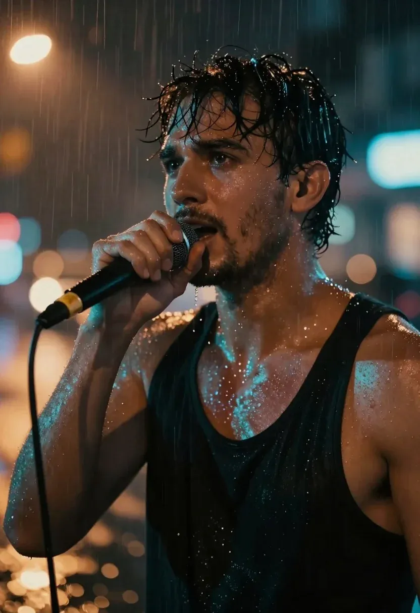 Cinematic Portrait Man Singing Into Microphone The Rain Night Subject