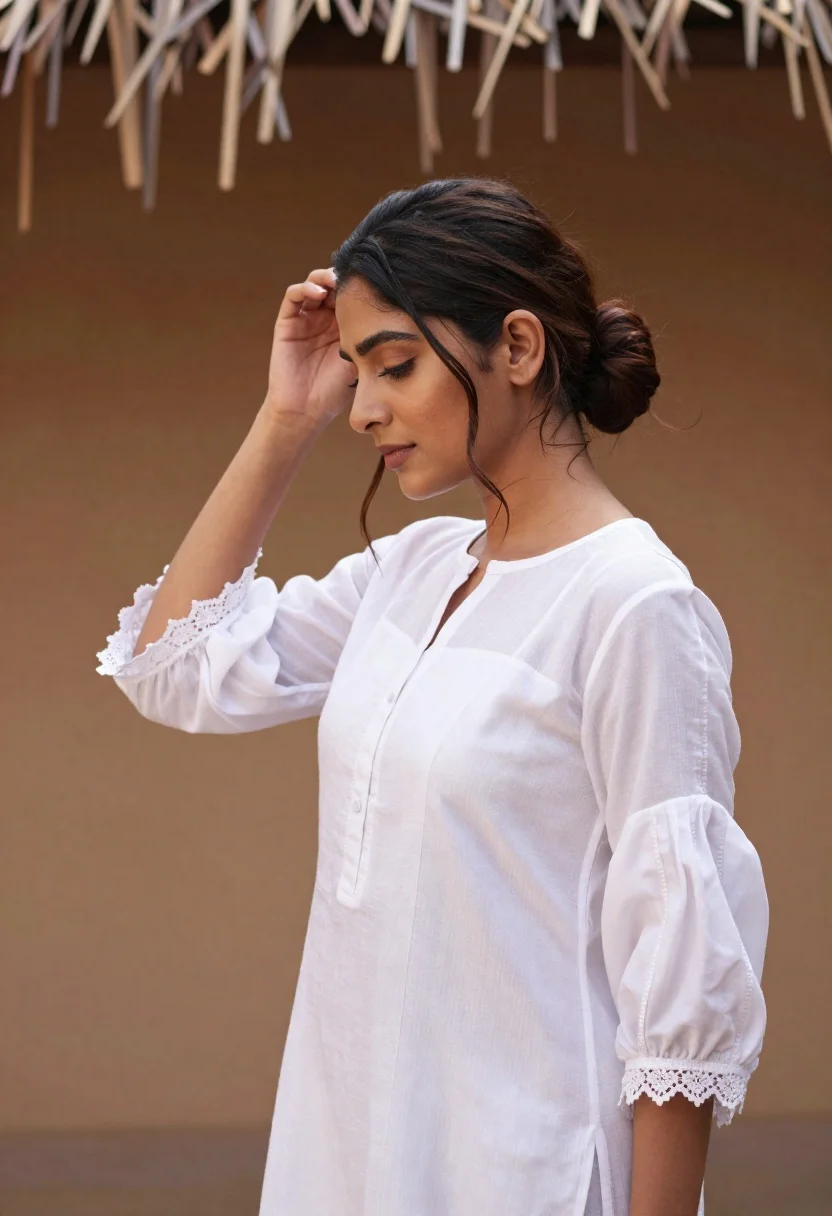 Woman With Dark Hair Styled Low Bun Stands Profile Her reference photo