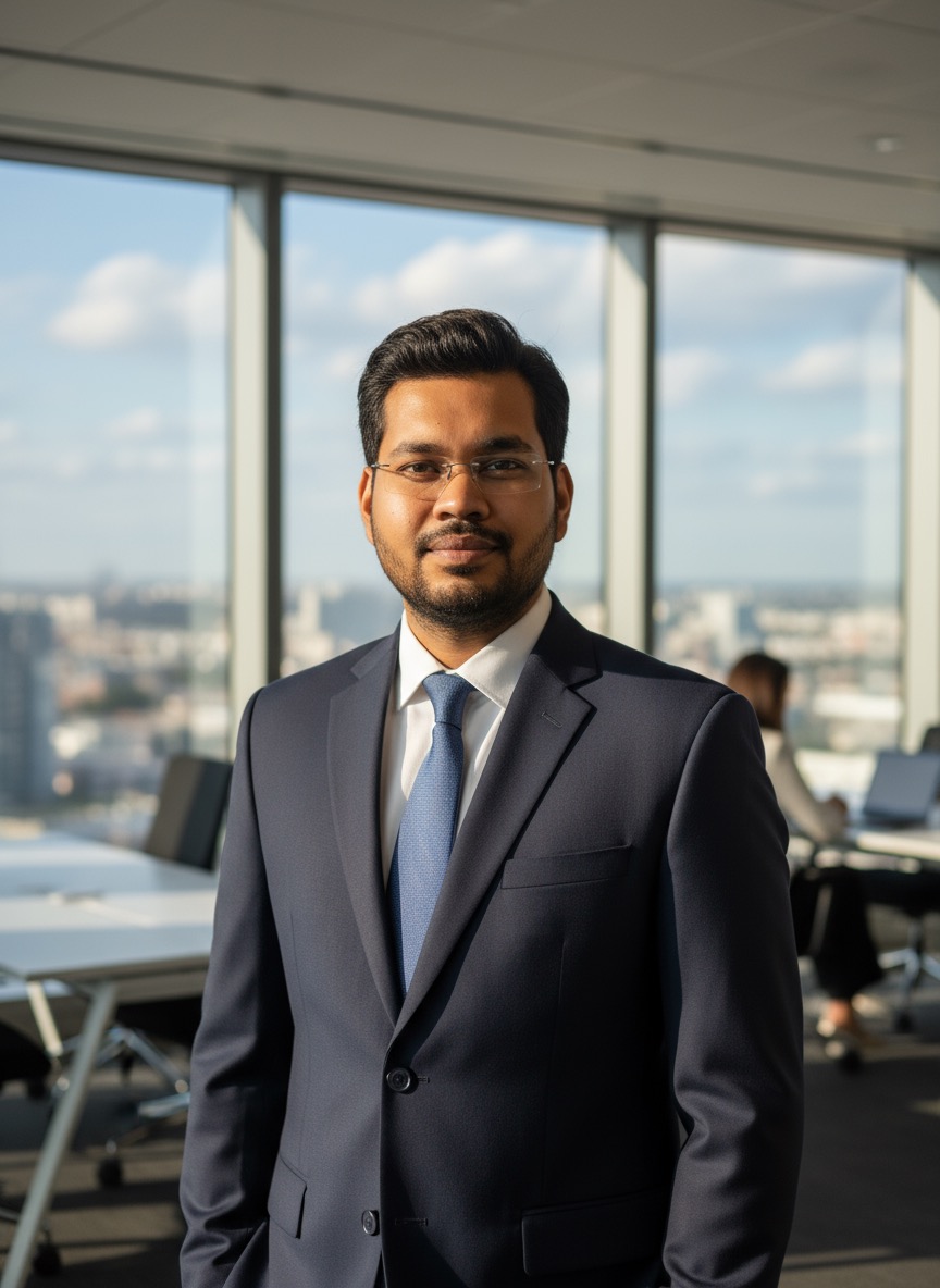 Portrait of a confident professional in a modern office with cityscape and soft lighting, showcasing realistic facial features.