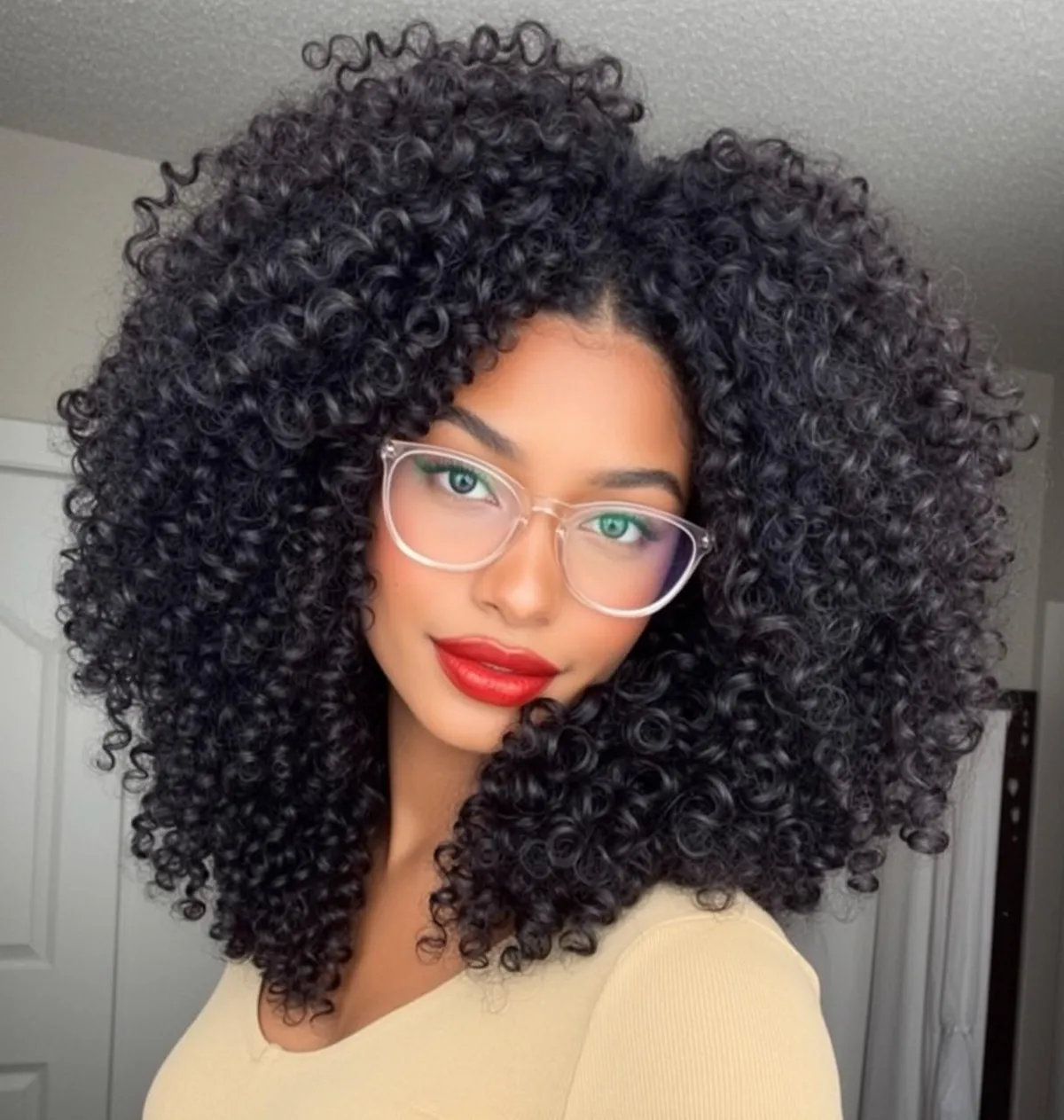 Young Woman Yellow Shirt Glasses Soft Light