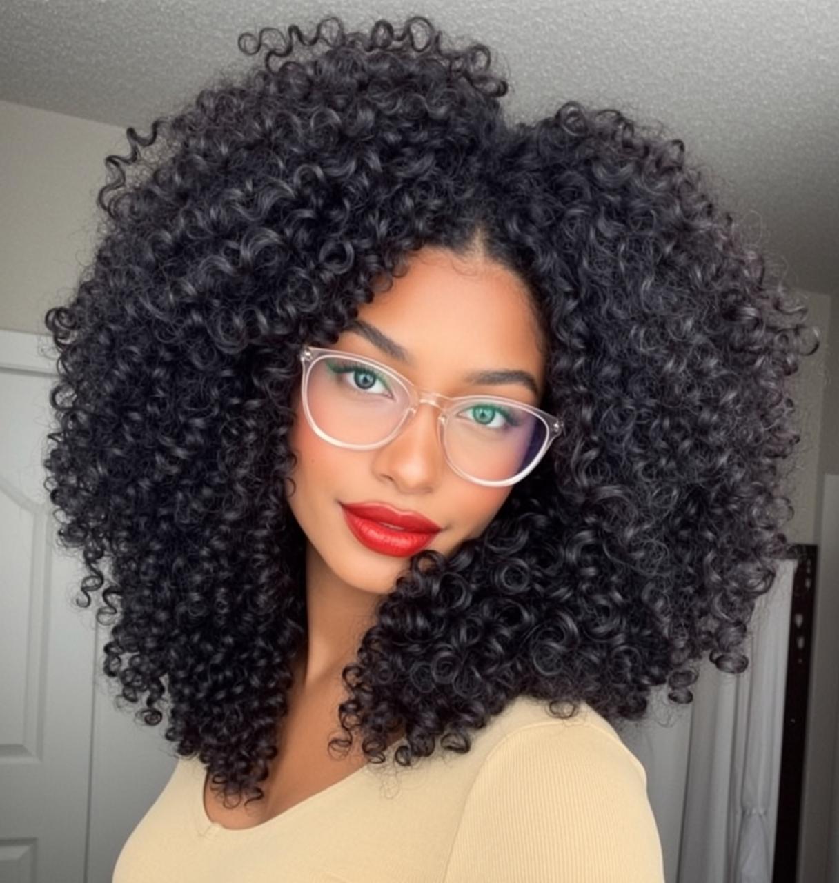 Young Woman Yellow Shirt Glasses Soft Light