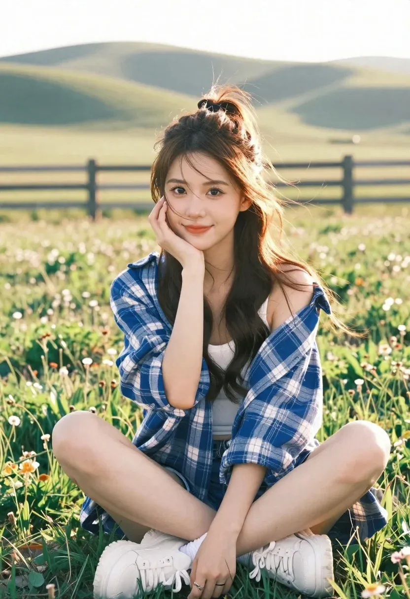 Young Woman Sits Cross-legged Sunlit Grassy Field With Rolling Hills