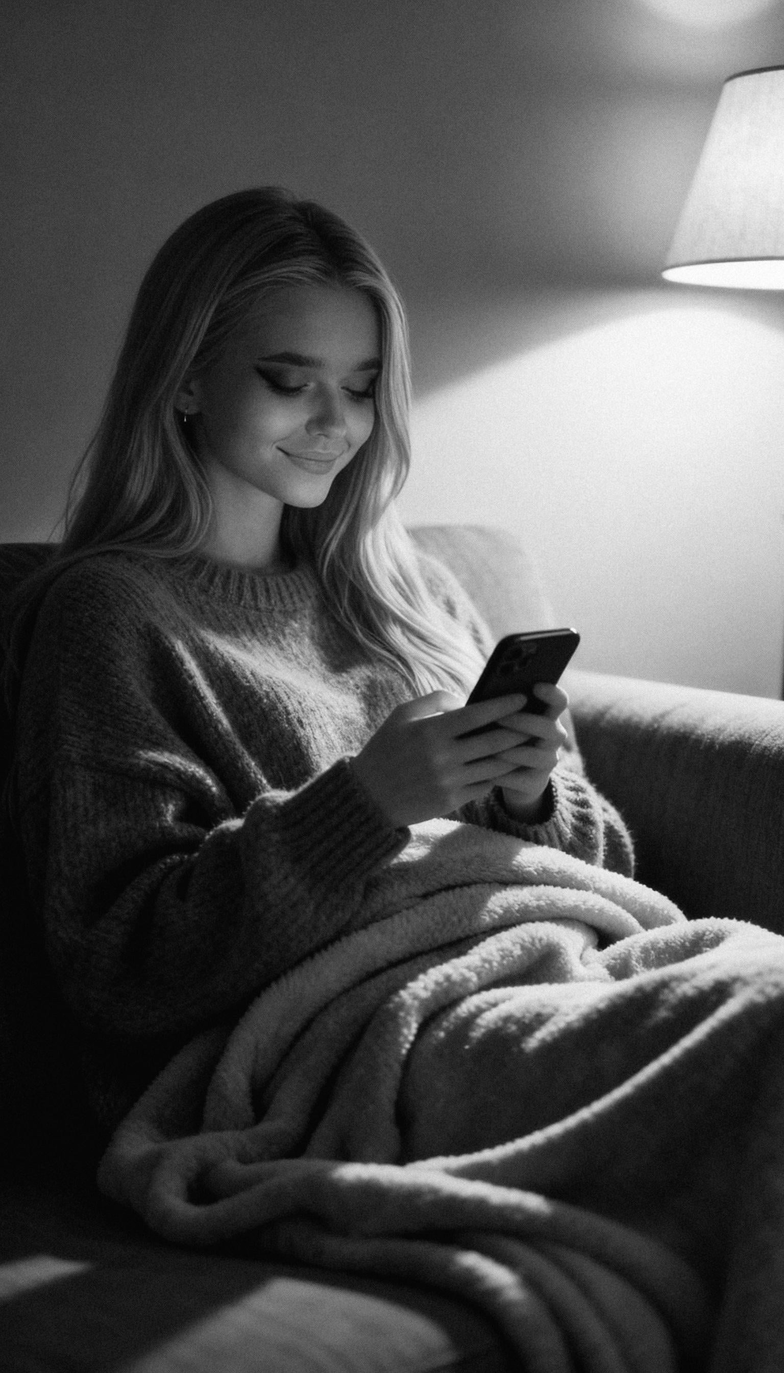 Sofa With Smartphone And Knit Sweater