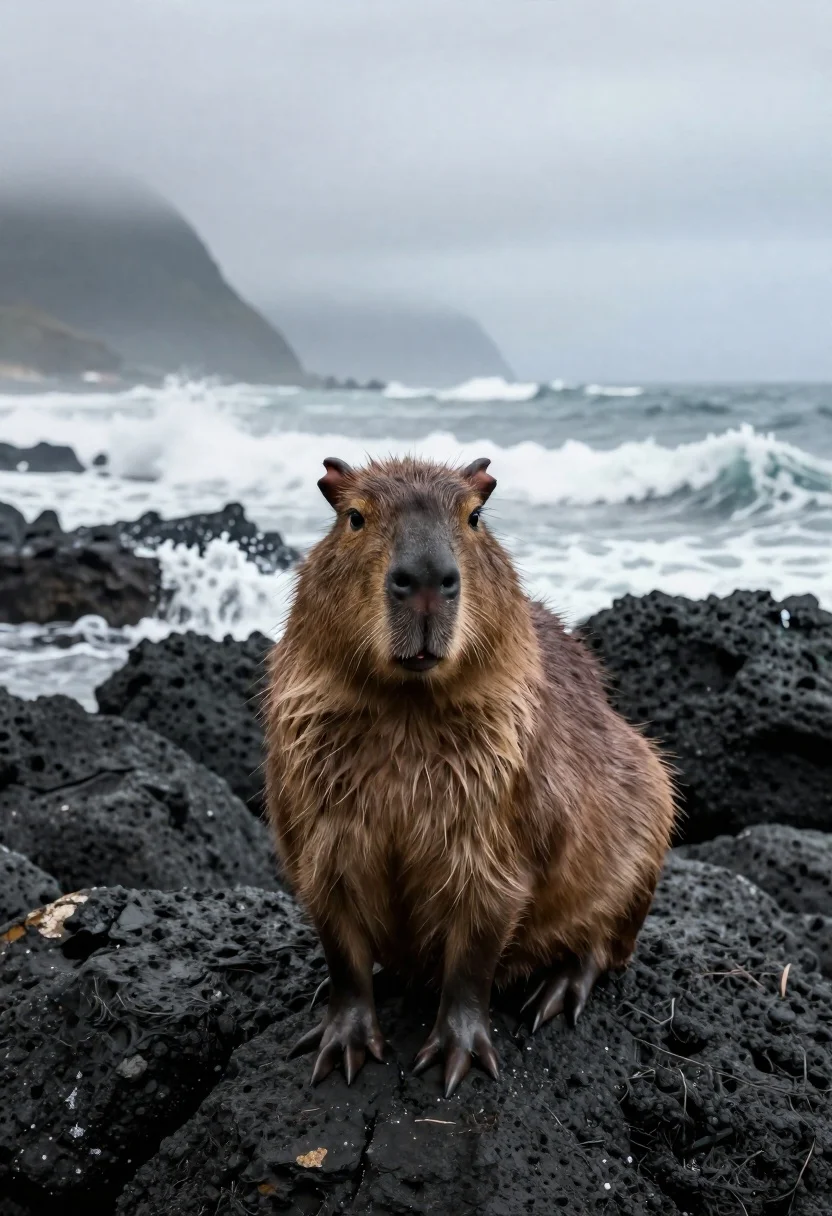 Medium Format Film Photo Coastal Wildlife Scene With Capybara Perched reference photo