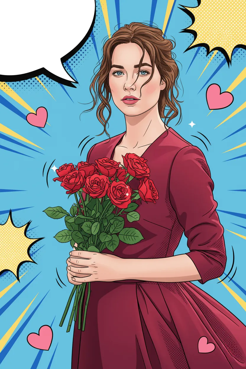 Pop Art Woman Red Dress Roses