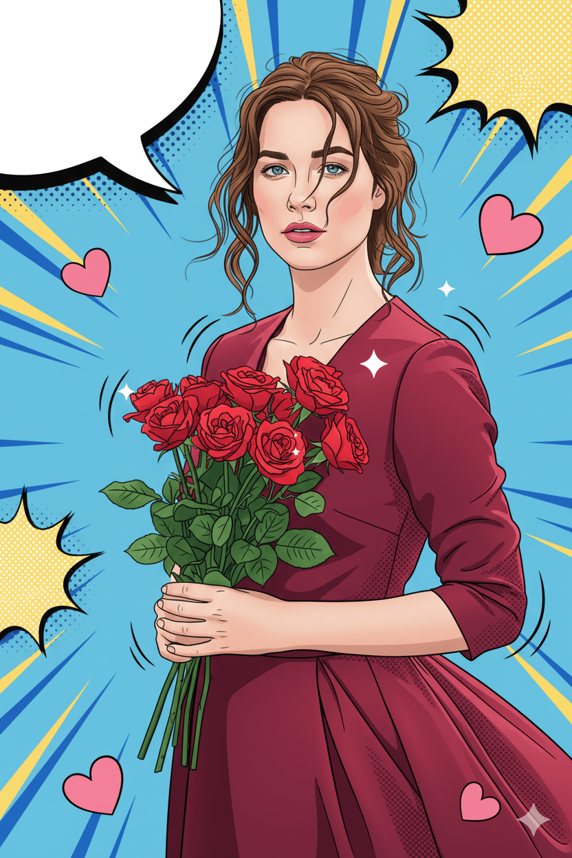 Pop Art Woman Red Dress Roses reference photo