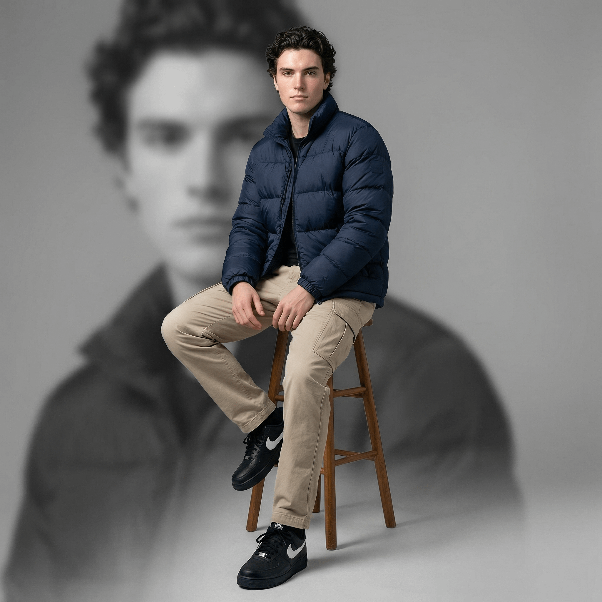 A person in a navy blue puffer jacket sits on a stool, with a blurred face silhouette in the background.