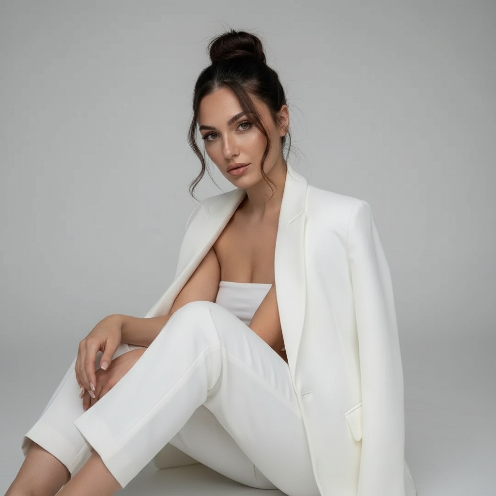 Ava sitting on the floor in a minimalist studio, dressed in an elegant white blazer and pants, soft lighting accentuating her confident expression.