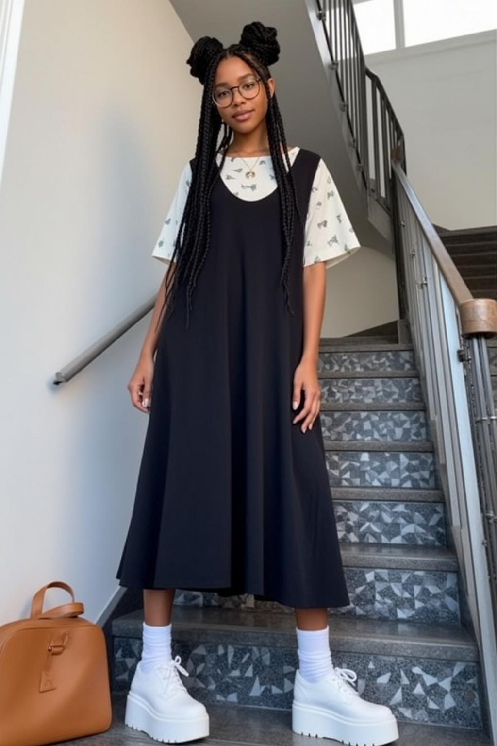 White T Shirt and Black Pinafore Dress on Indoor Staircase