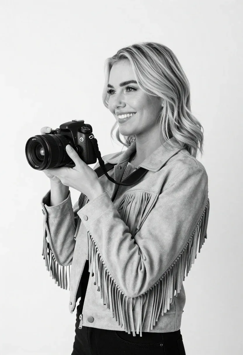 Smiling Blonde Woman Holding Camera Profile Against Plain Background Subject