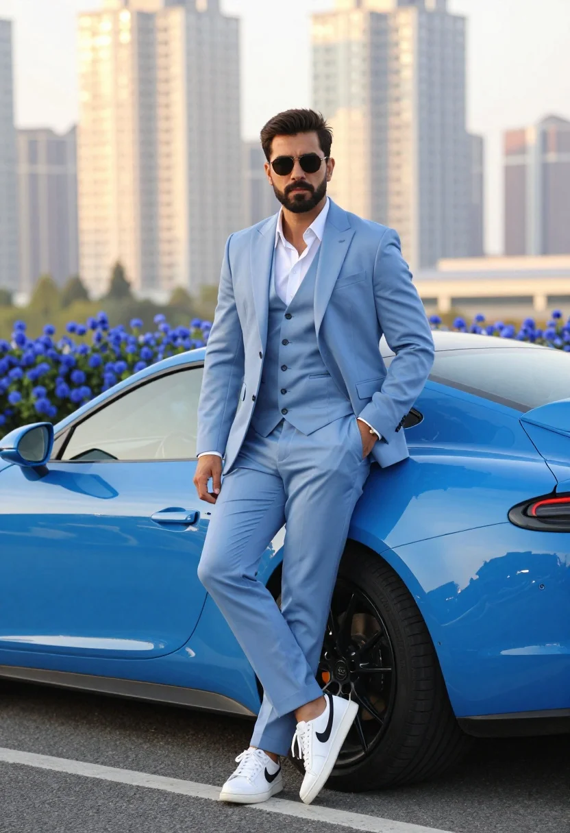 Confident Man Light Blue Three-piece Suit Leans Casually Against Bright