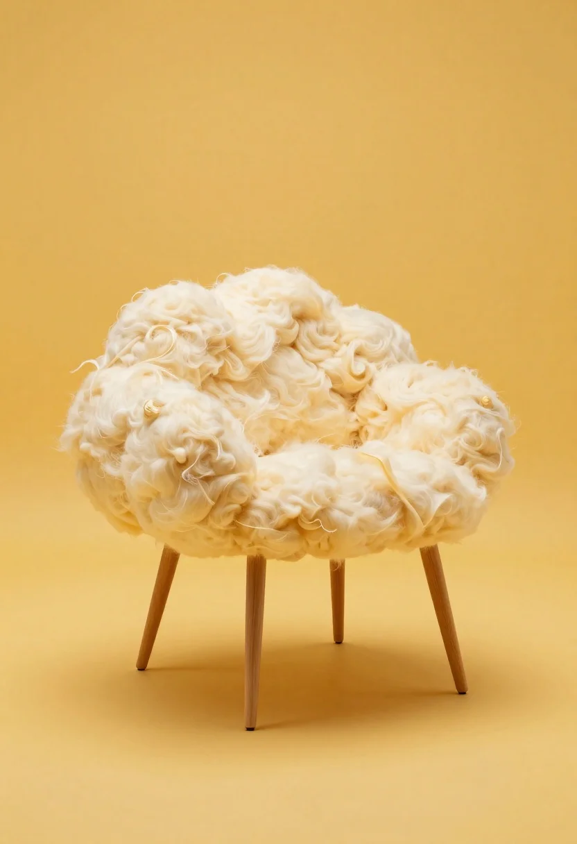 Surreal Product Photography Shot Fluffy Cloud-shaped Chair With Thin Wooden reference photo