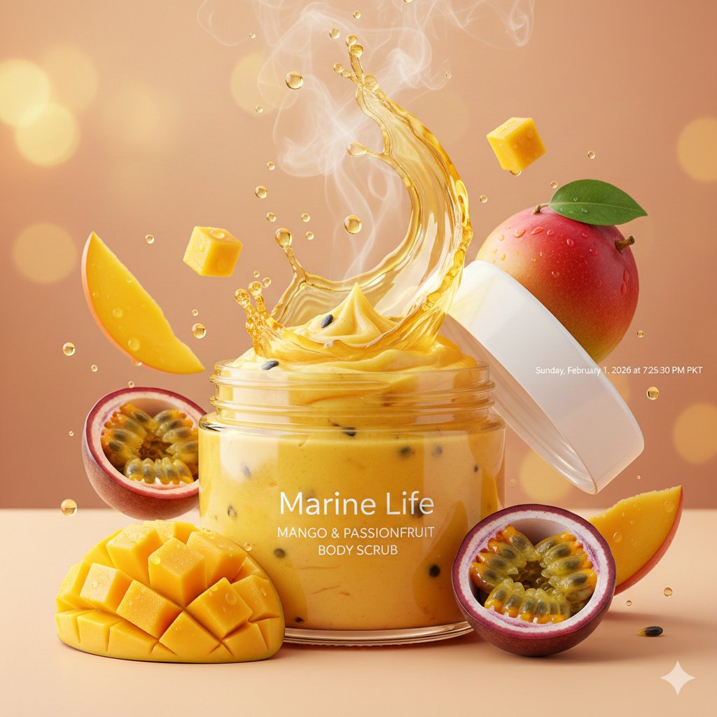Open jar of Mango Passionfruit body scrub with creamy texture, floating mango cubes and passionfruit, golden-yellow splash in mid-air.