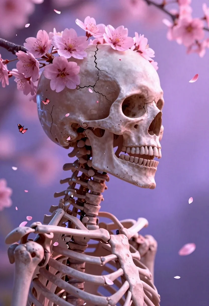 Surreal Digital Portrait Human Skeleton Profile With Vibrant Pink Cherry reference photo