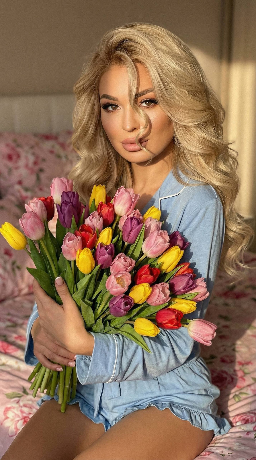 A woman in light blue pajamas holding a bouquet of multicolored tulips, sitting on a bed with pink floral bedding, bathed in warm sunlight.