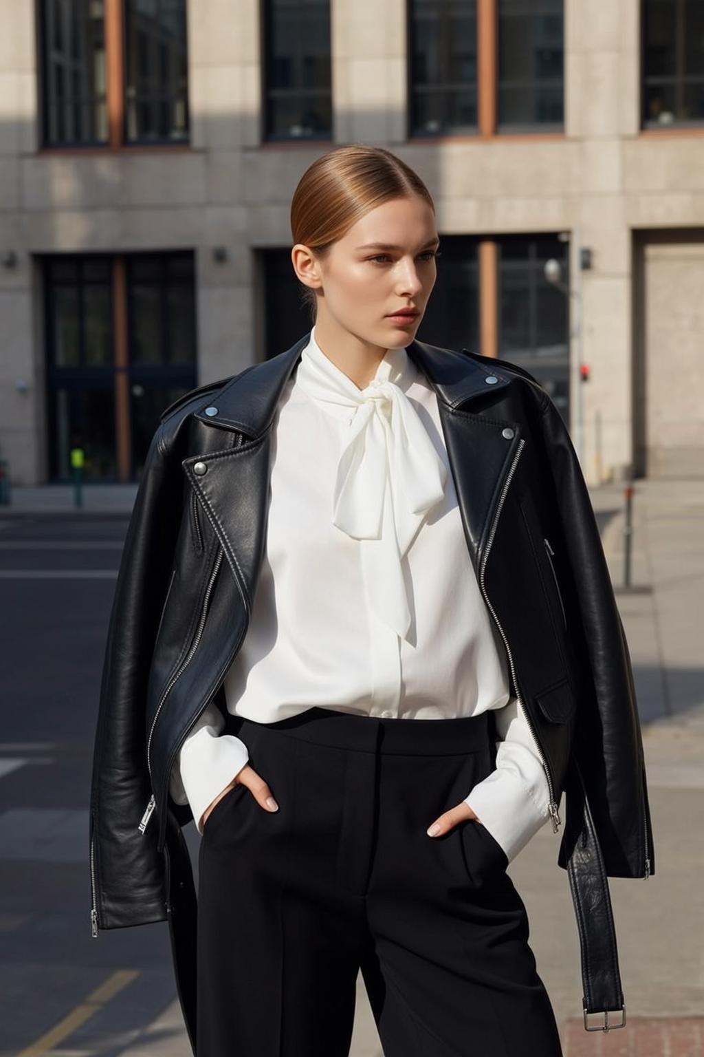 White Blouse Black Leather Jacket Outdoors