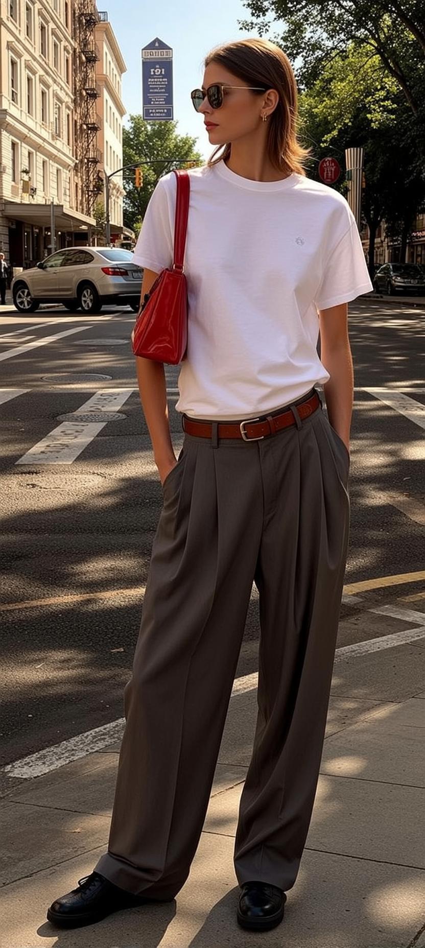 White T Shirt and Grey Pleated Trousers on City Crosswalk