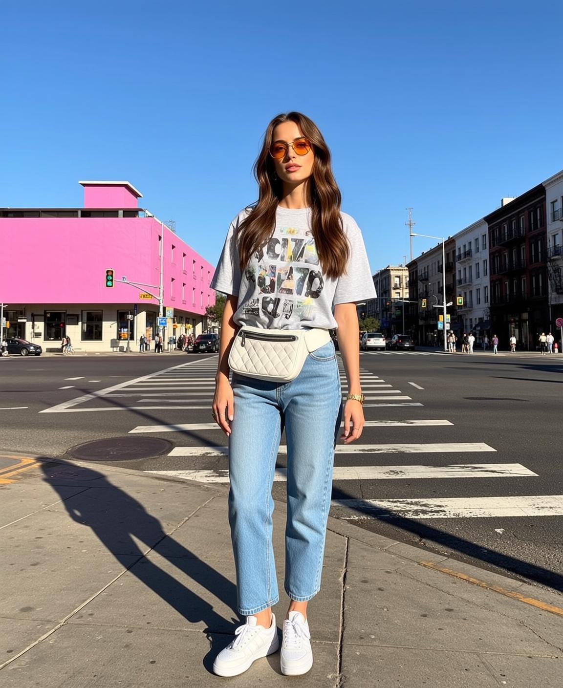 Grey Graphic Tee and Light Wash Jeans on City Crosswalk
