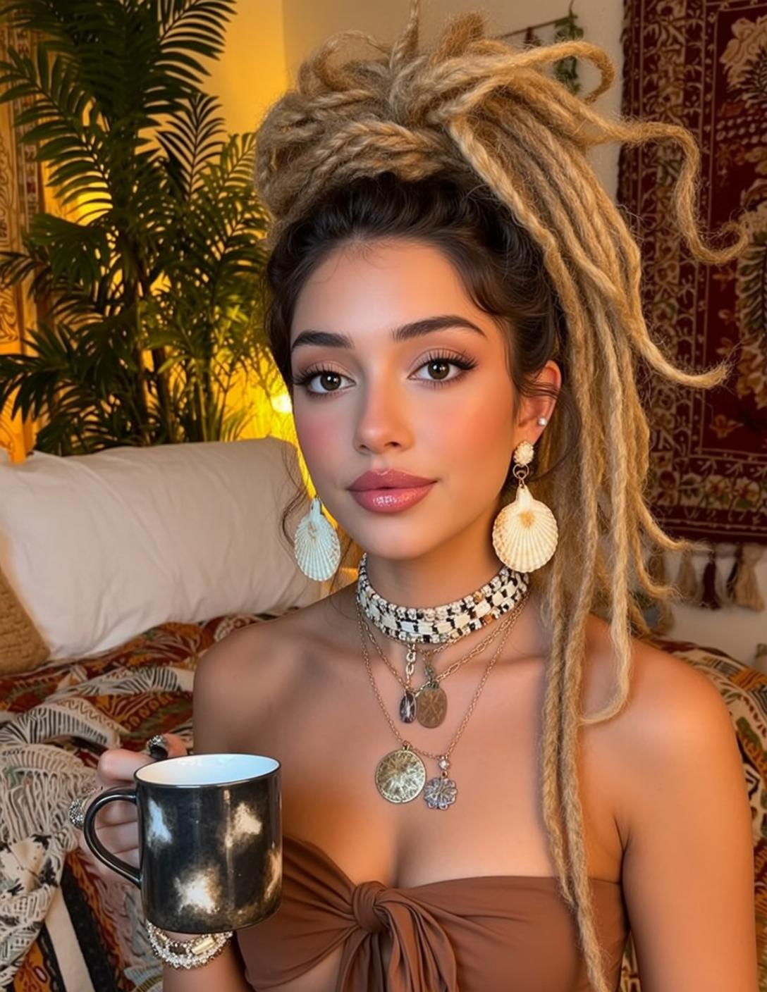 Blonde Dreadlocks Woman Brown Top Layered Necklaces Shell Earrings Mug