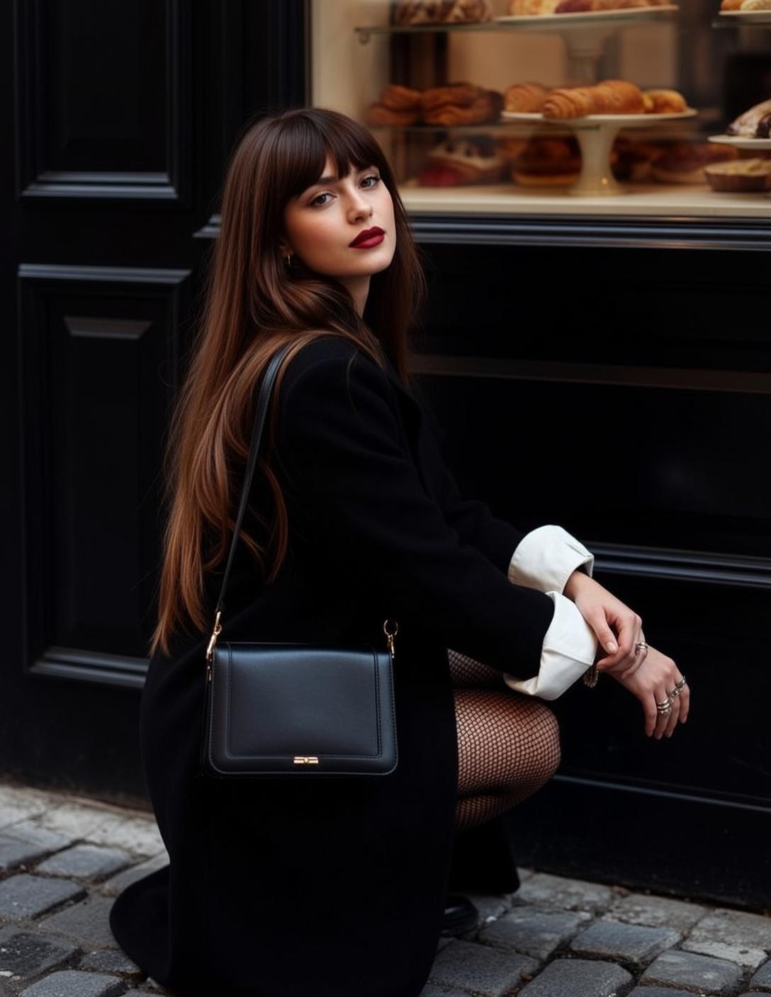 Street Bakery Fashion Young Woman Crouching