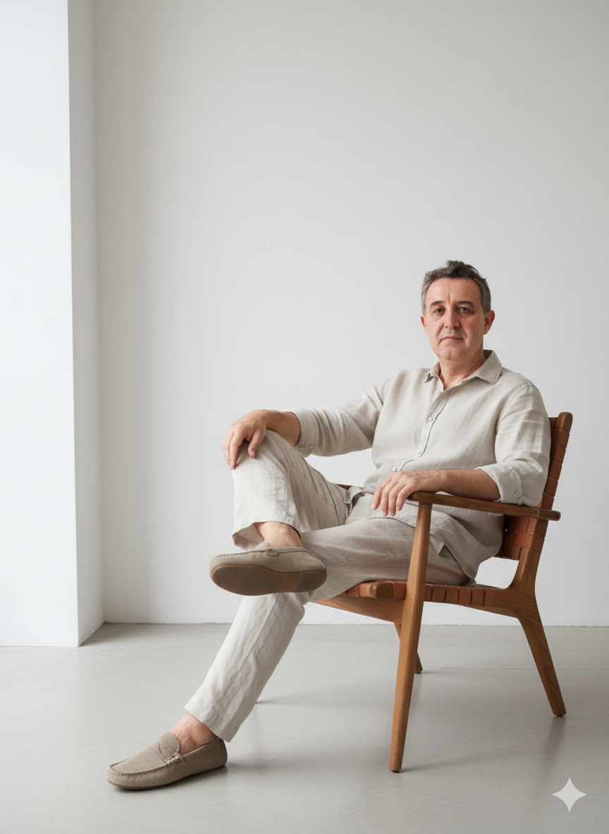A relaxed person seated on a wooden chair, leaning back, dressed in a light linen outfit with a beige shirt and matching trousers, in a minimalistic white room.