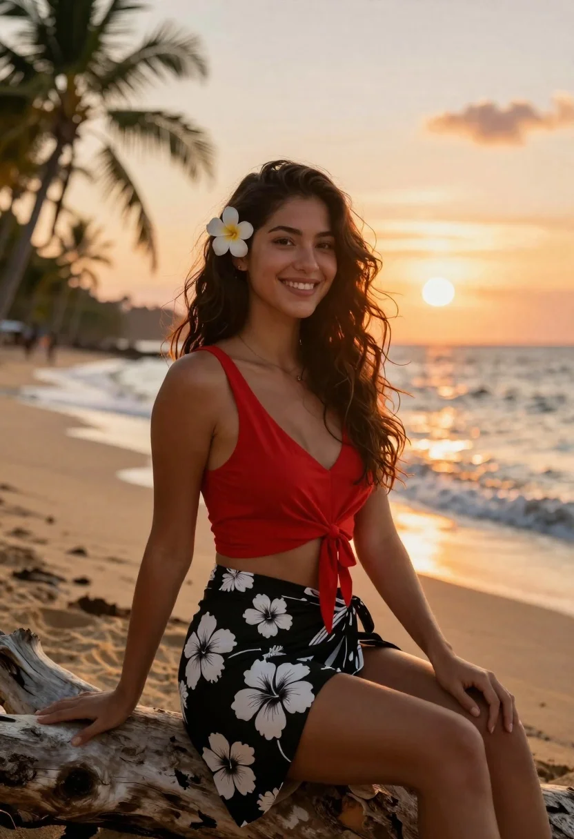 Smiling Young Woman With Long Wavy Brown Hair Sits Piece
