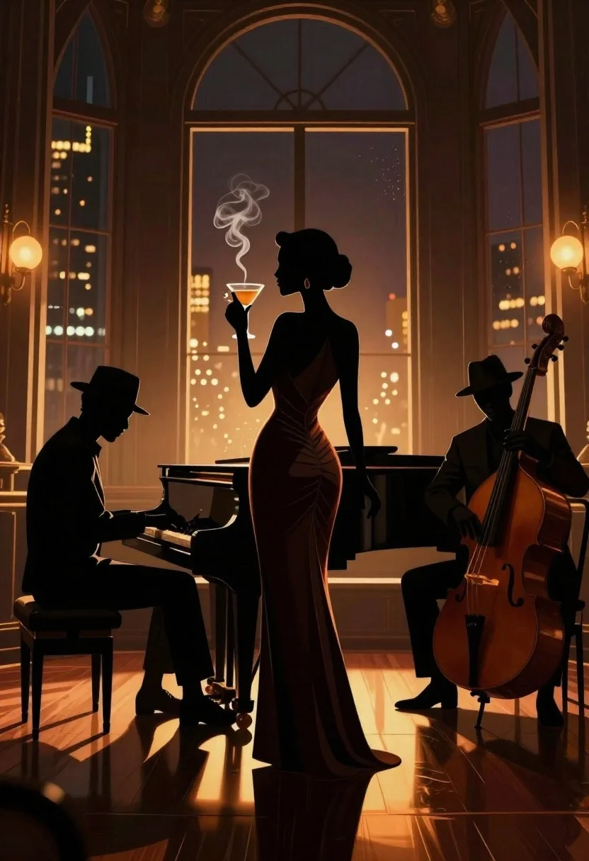 Digital Illustration Glamorous Jazz Club Scene Featuring Silhouetted Figures Around reference photo