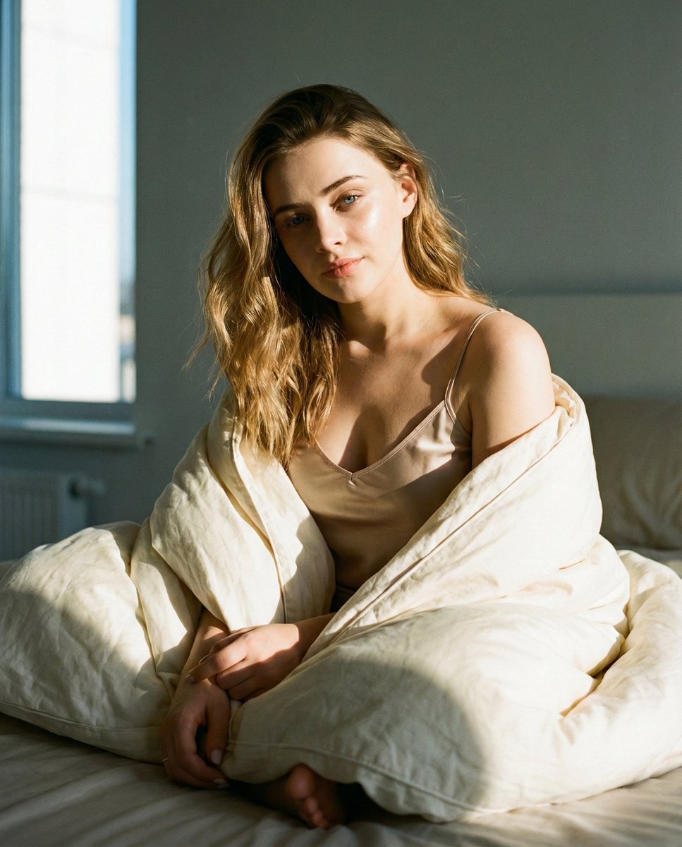 A serene adult woman sitting in bed, hugging a fluffy duvet, bathed in warm morning sunlight.