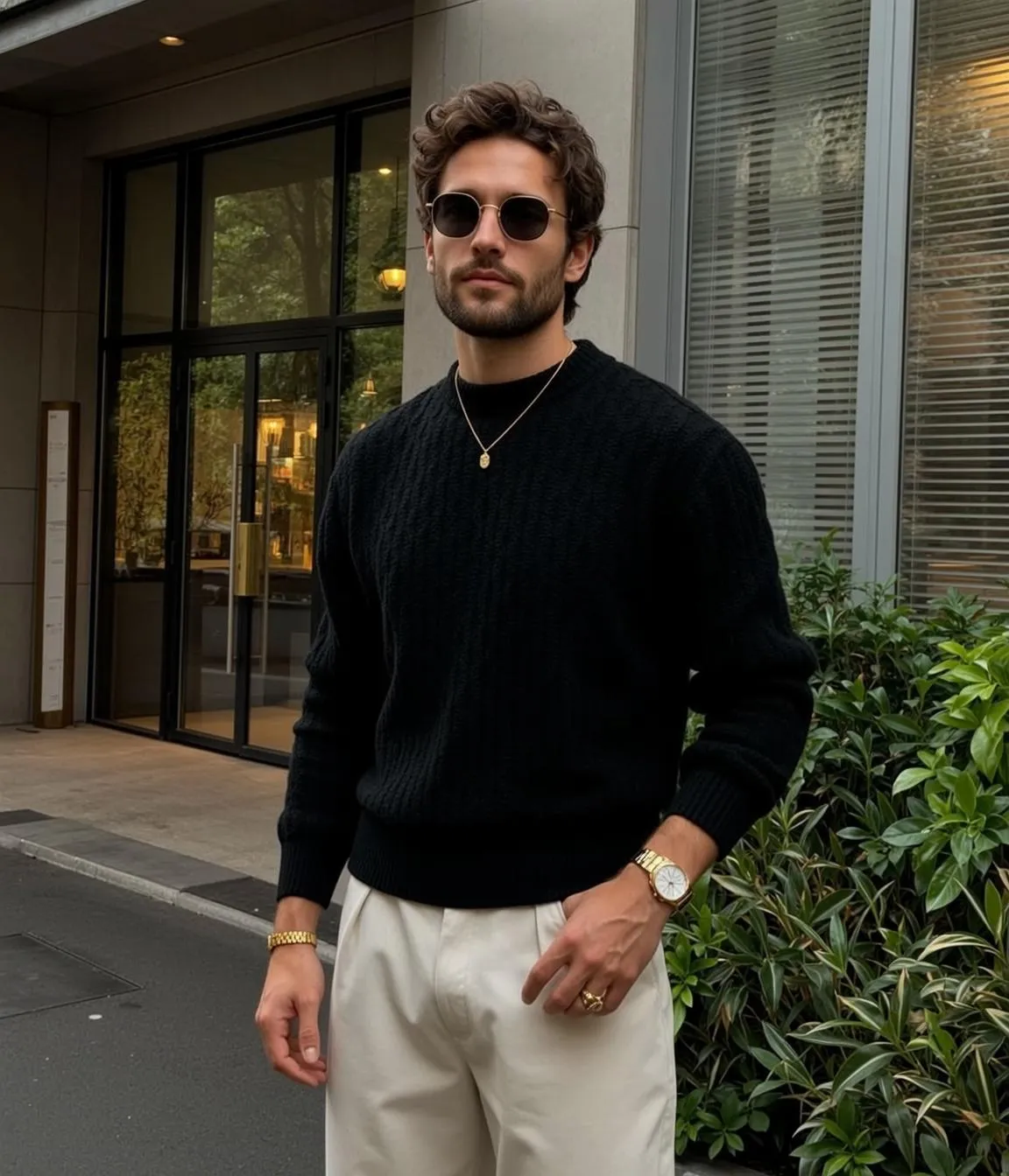 Necklace And Rings And Watch With Textured Black Crewneck Sweater