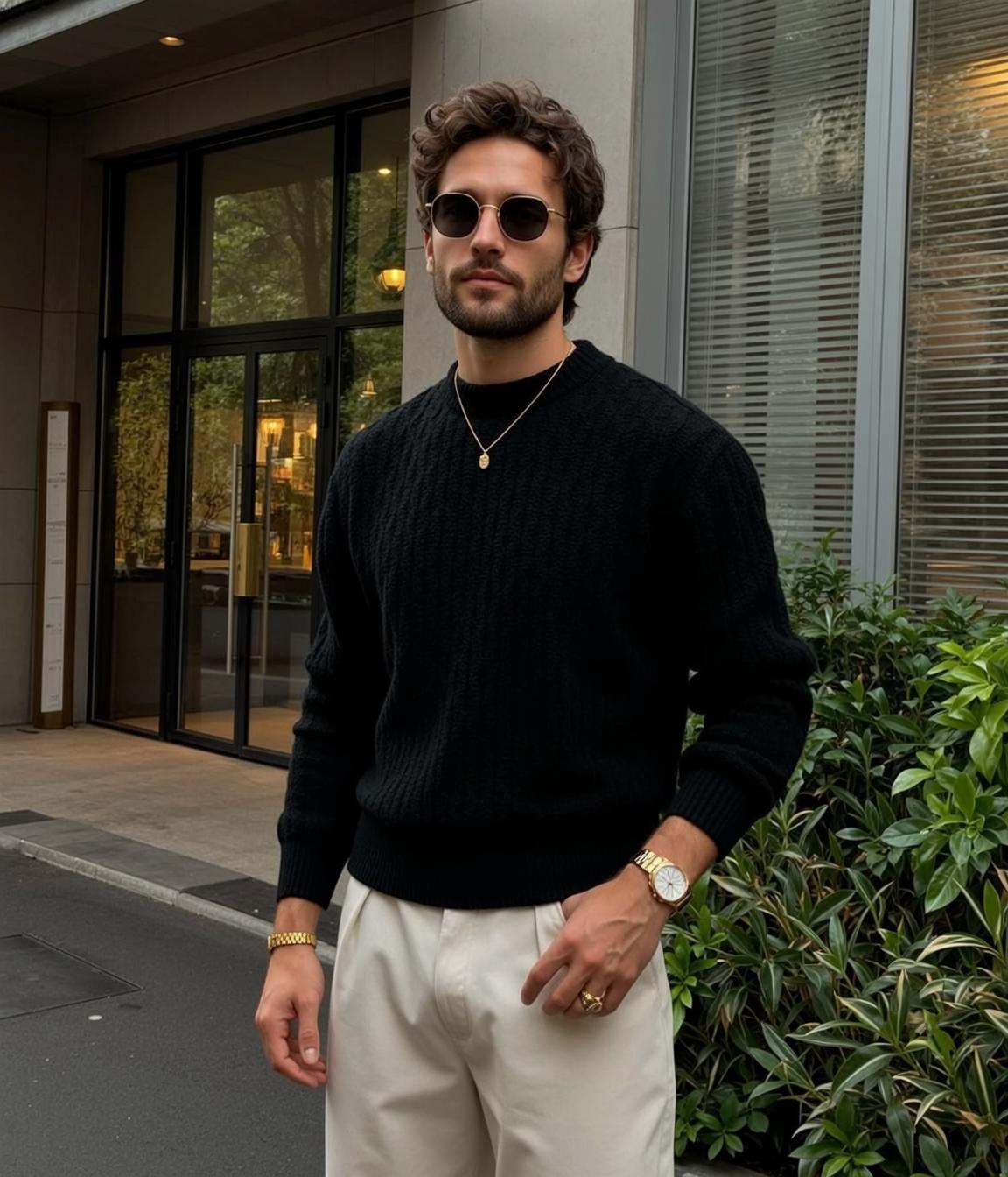 Black Sweater Cream Trousers Portrait
