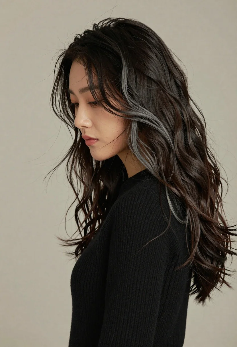 Portrait Young Woman With Long Dark Wavy Hair Featuring Subtle reference photo