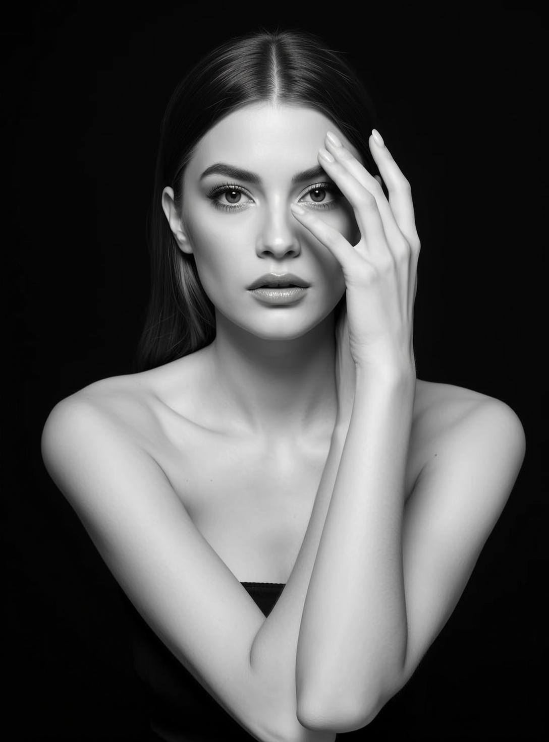 Portrait Young Woman With Long Dark Straight Hair Parted The