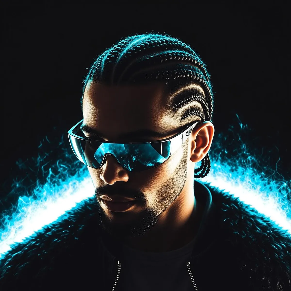 Sunglasses With A Furry Collar In A Futuristic Portrait