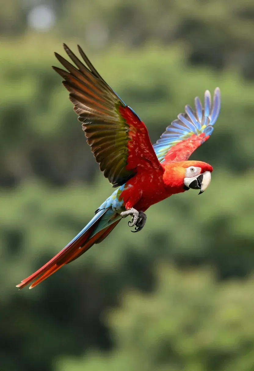 Vibrant Scarlet Macaw Mid-flight With Wings Fully Spread Against Lush