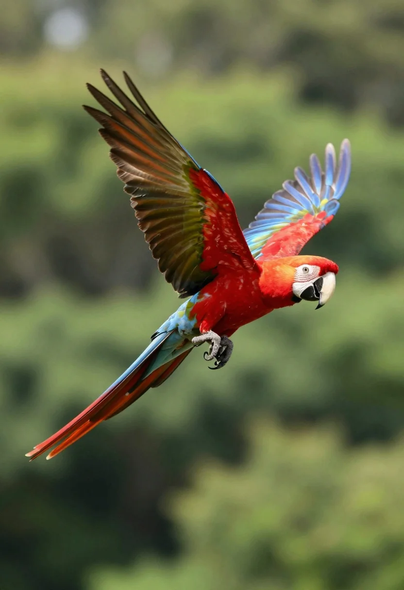 Vibrant Scarlet Macaw Mid-flight With Wings Fully Spread Against Lush