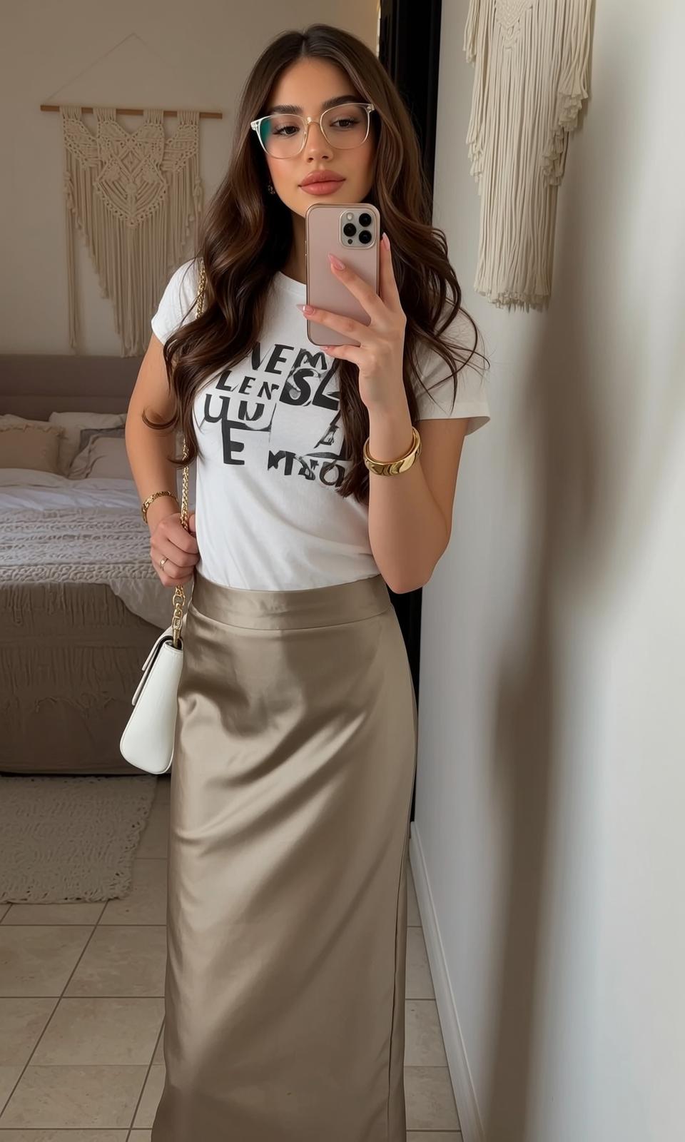 Champagne Satin Skirt Selfie
