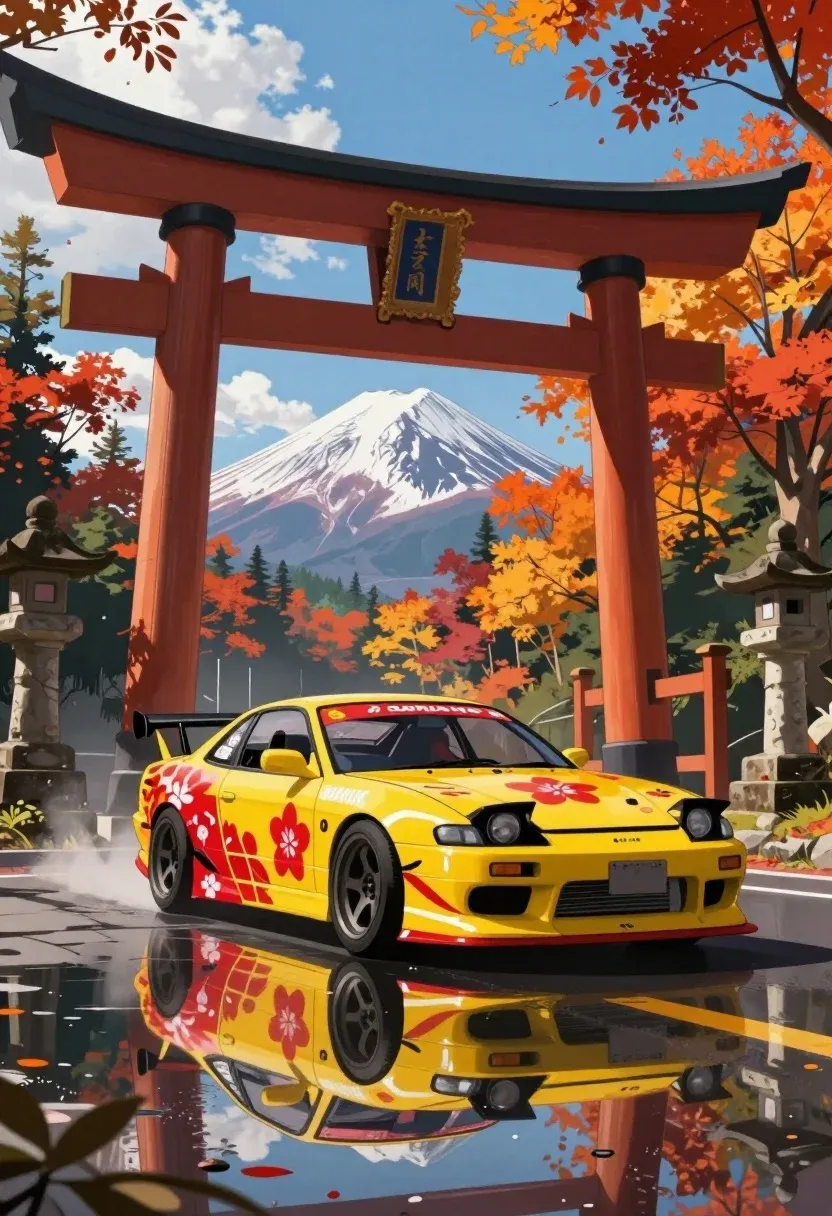 Vibrant Yellow Japanese Drift Car With Red Floral Decals And
